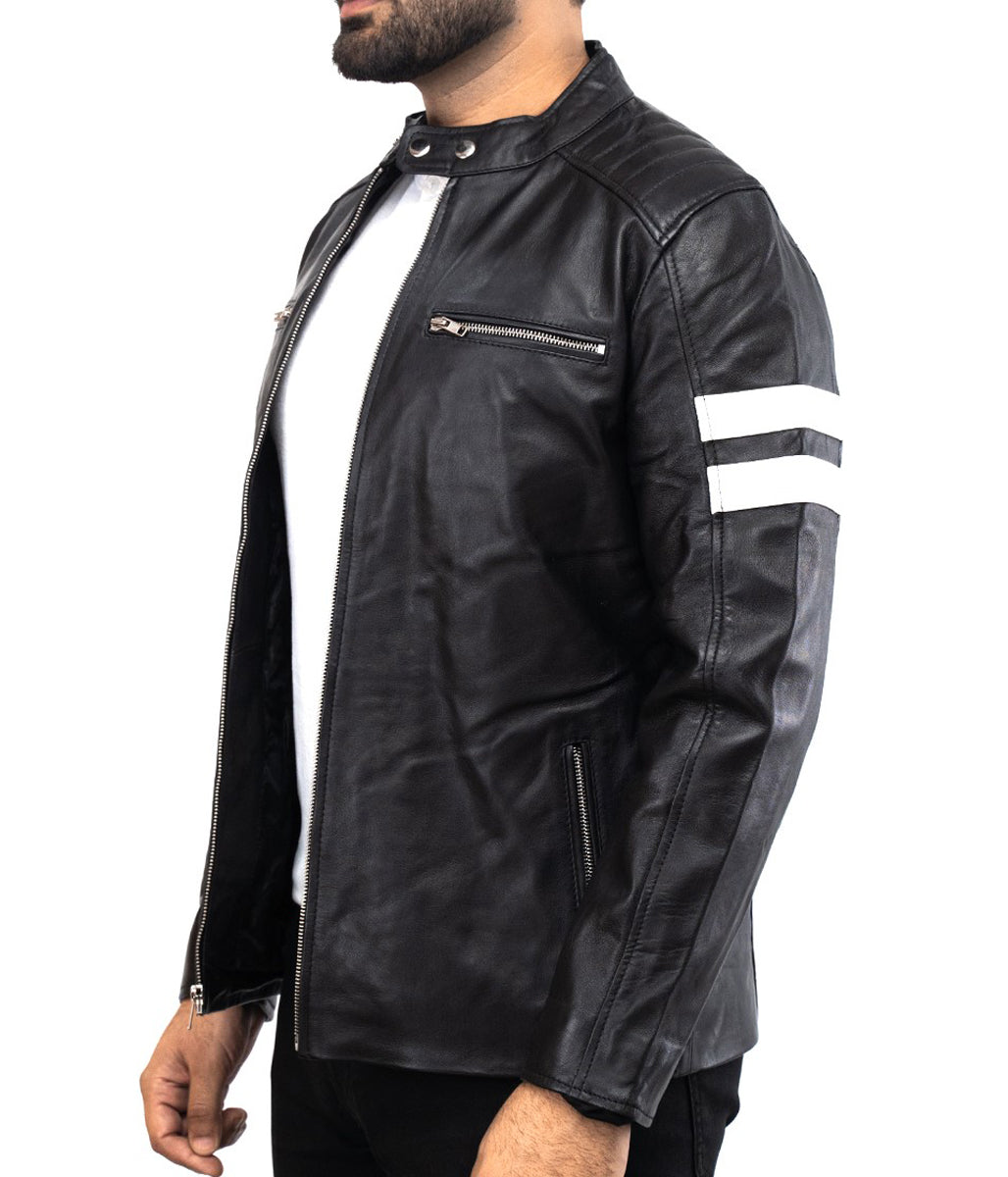 White Stripes Fahrer Leather Jacket