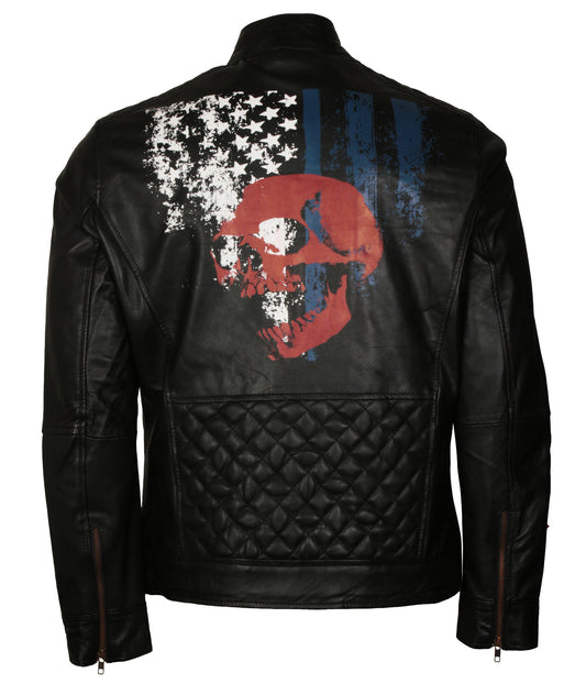 American Skull Mens Black Biker Leather Jacket - Designer Patriot Dallas Texas Biker Jacket