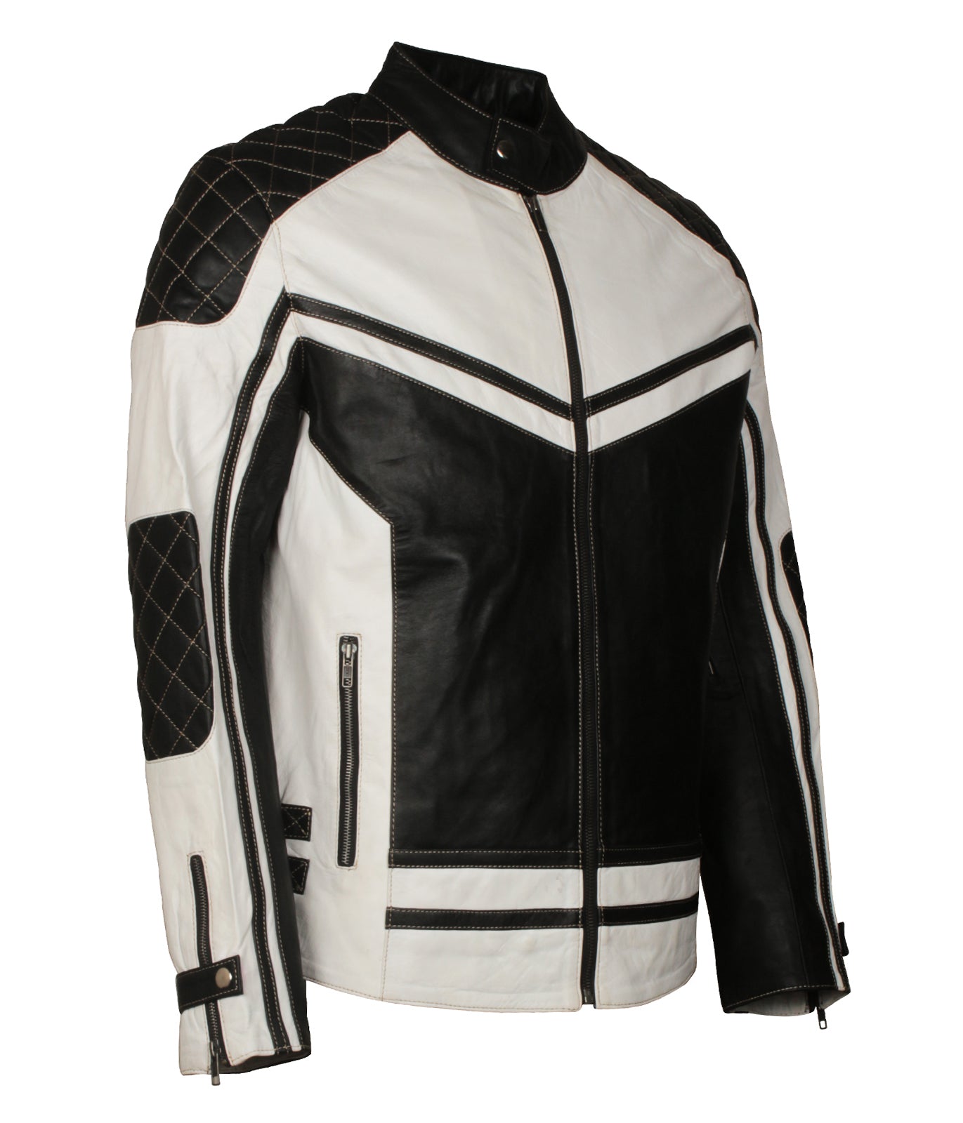 Biker Mens Black And White Vintage Style Motorcycle Leather Jacket