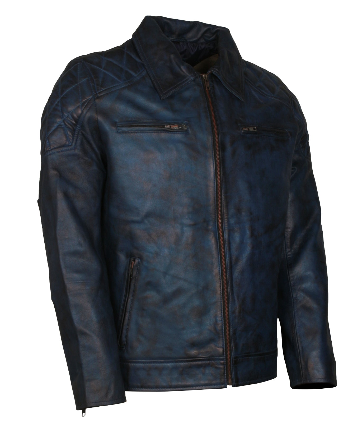 Biker Mens Blue Waxed Motorcycle Collar Leather Jacket