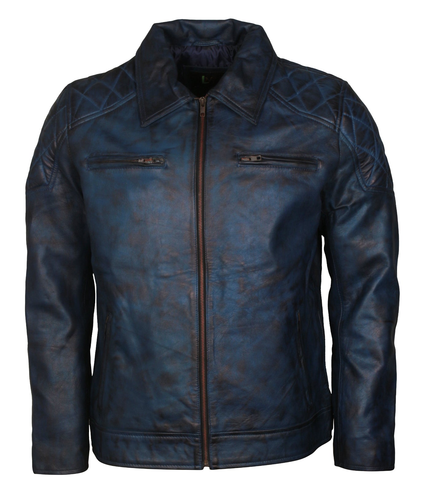 Biker Mens Blue Waxed Motorcycle Collar Leather Jacket