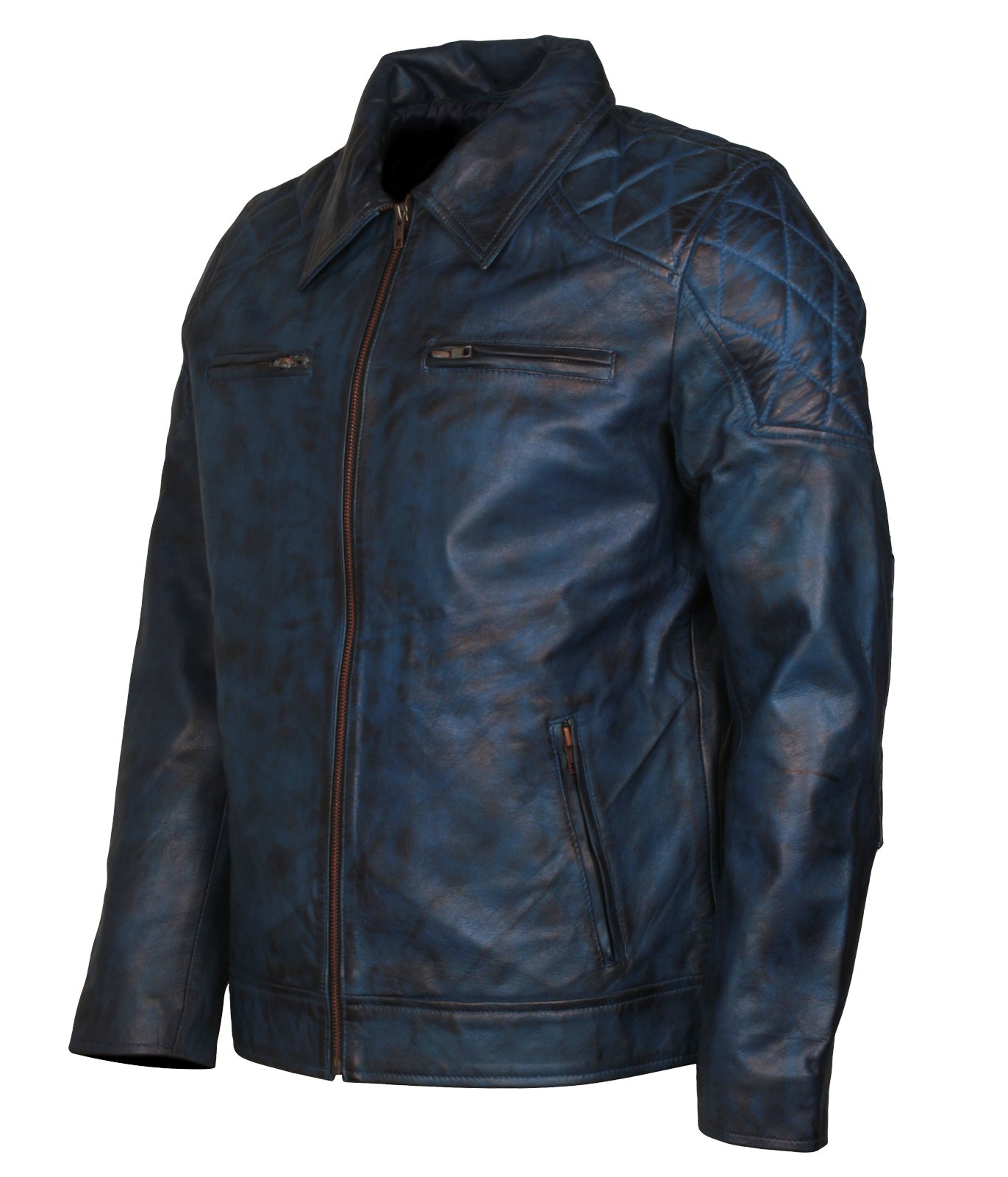 Biker Mens Blue Waxed Motorcycle Collar Leather Jacket