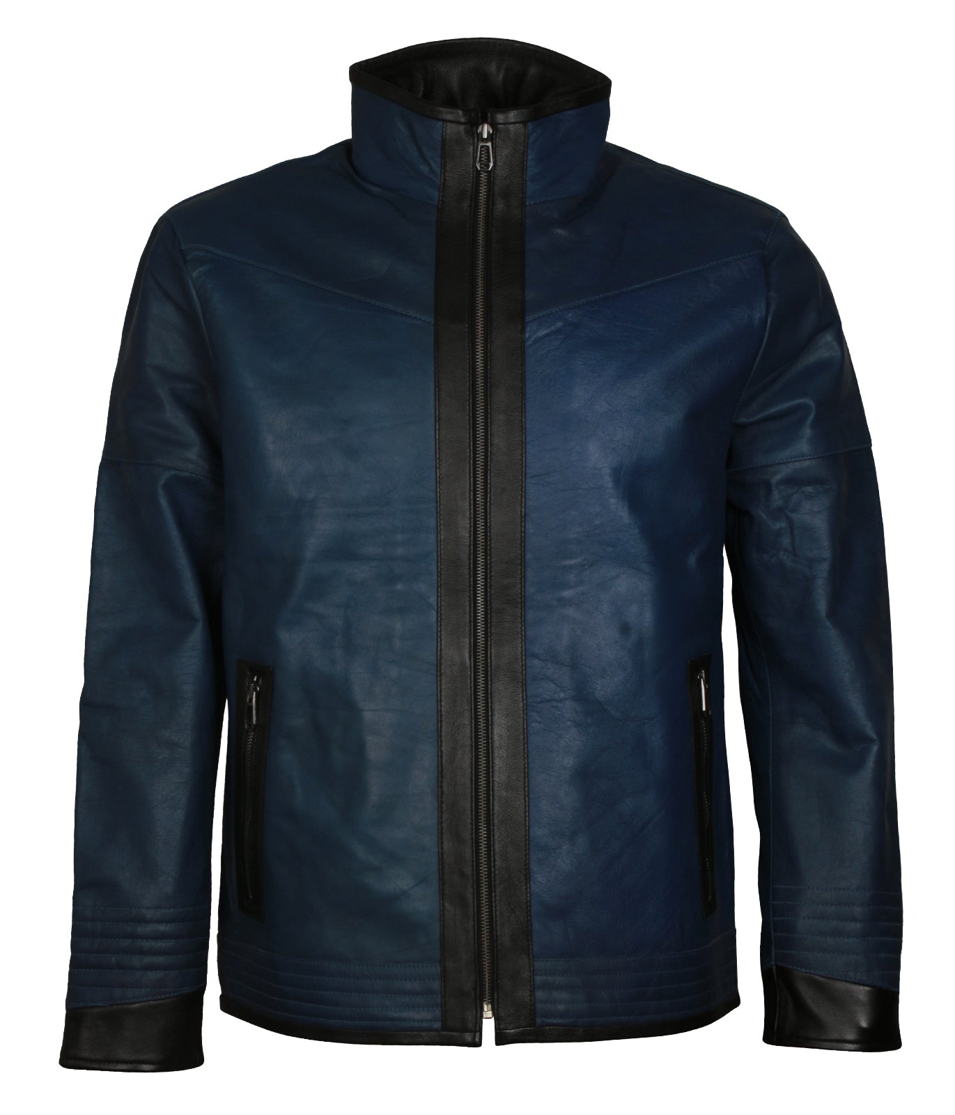 Blue Mens BIker HIgh Neck Motorcycle Racing Leather Jacket - Mens Designer Biker Racing Leather Jacket