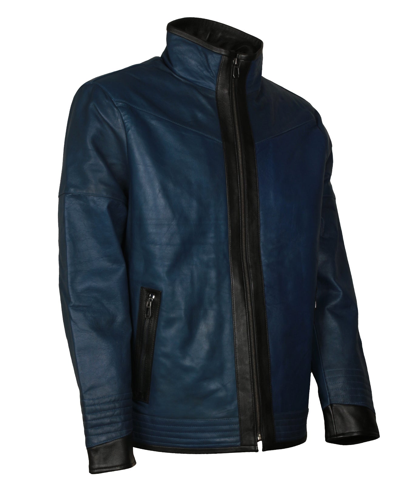 Blue Mens BIker HIgh Neck Motorcycle Racing Leather Jacket - Mens Designer Biker Racing Leather Jacket
