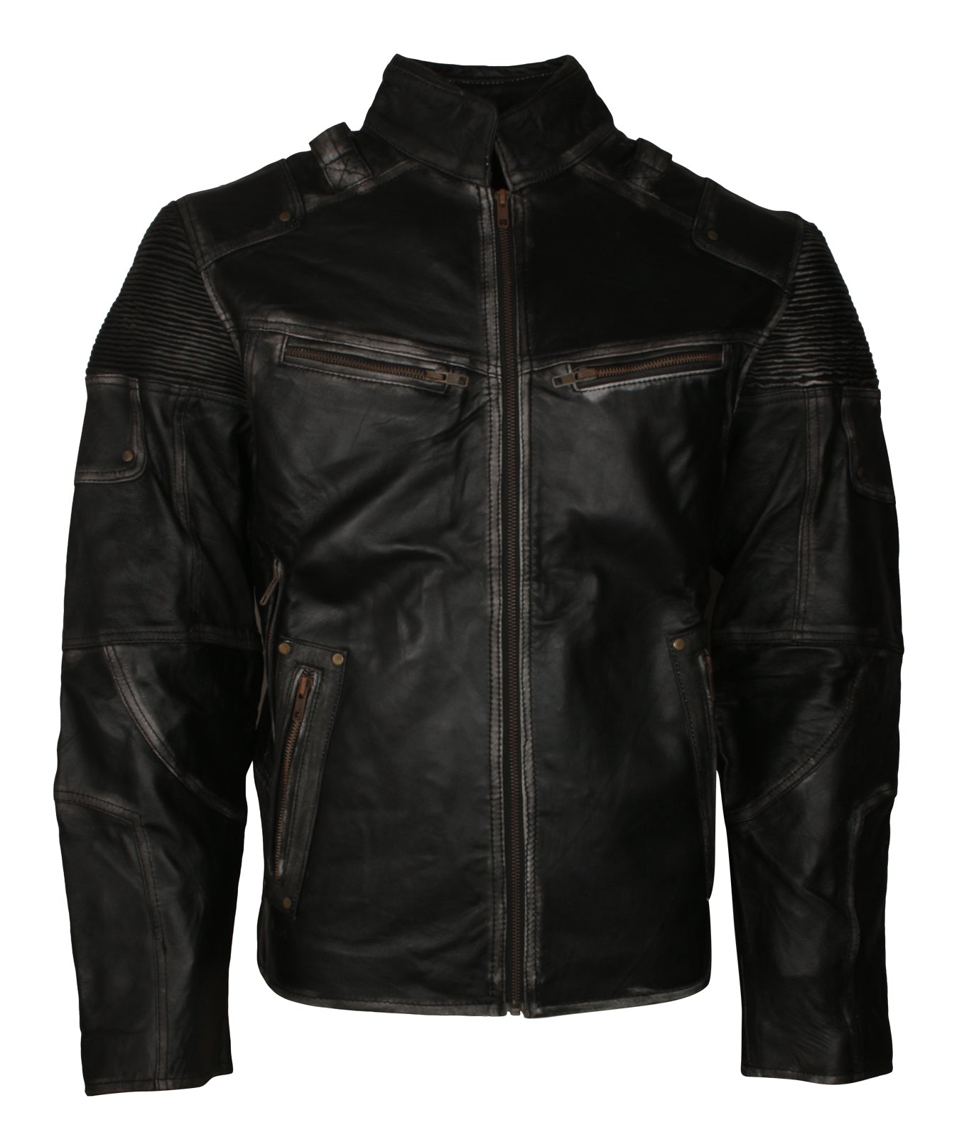 Distressed Biker Mens Black Motorcycle Vintage Cafe Racer Leather Jacket - Herren Schwarz Lederjacke