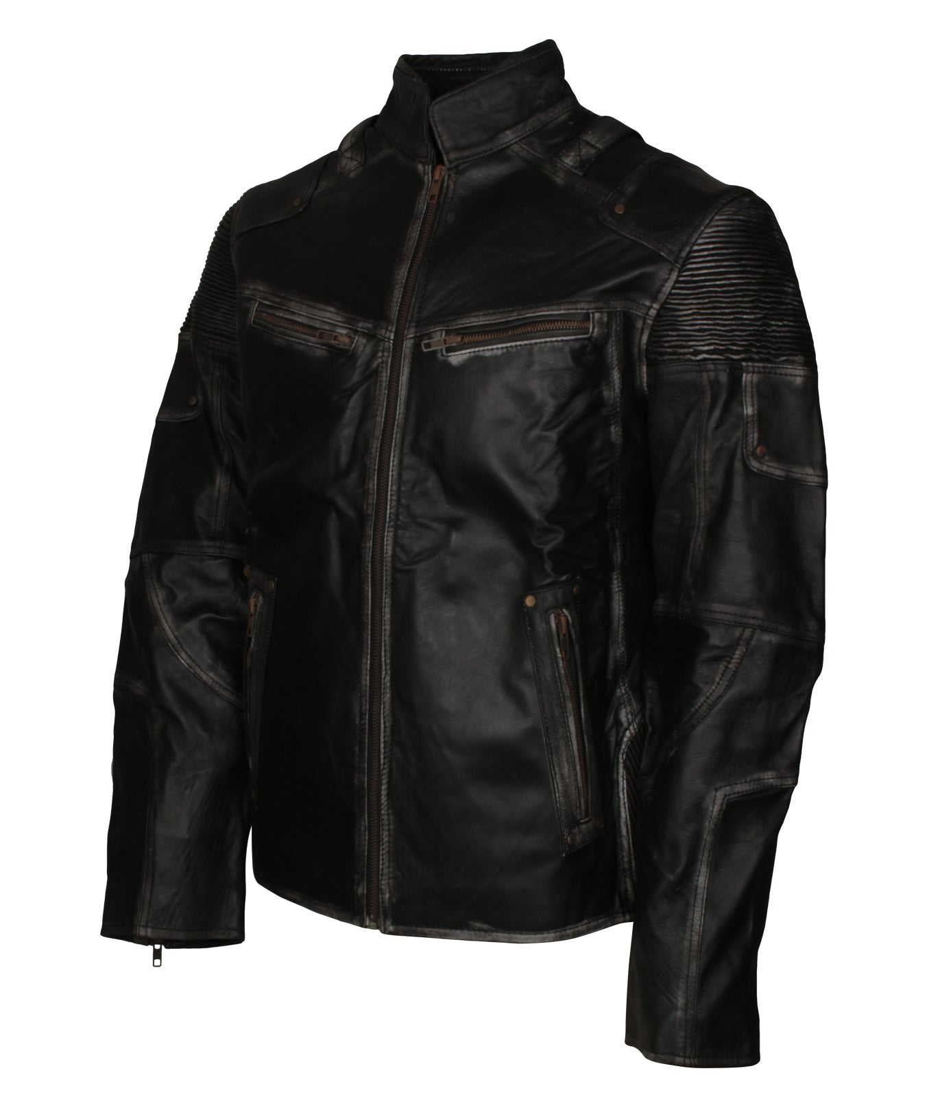 Distressed Biker Mens Black Motorcycle Vintage Cafe Racer Leather Jacket - Herren Schwarz Lederjacke
