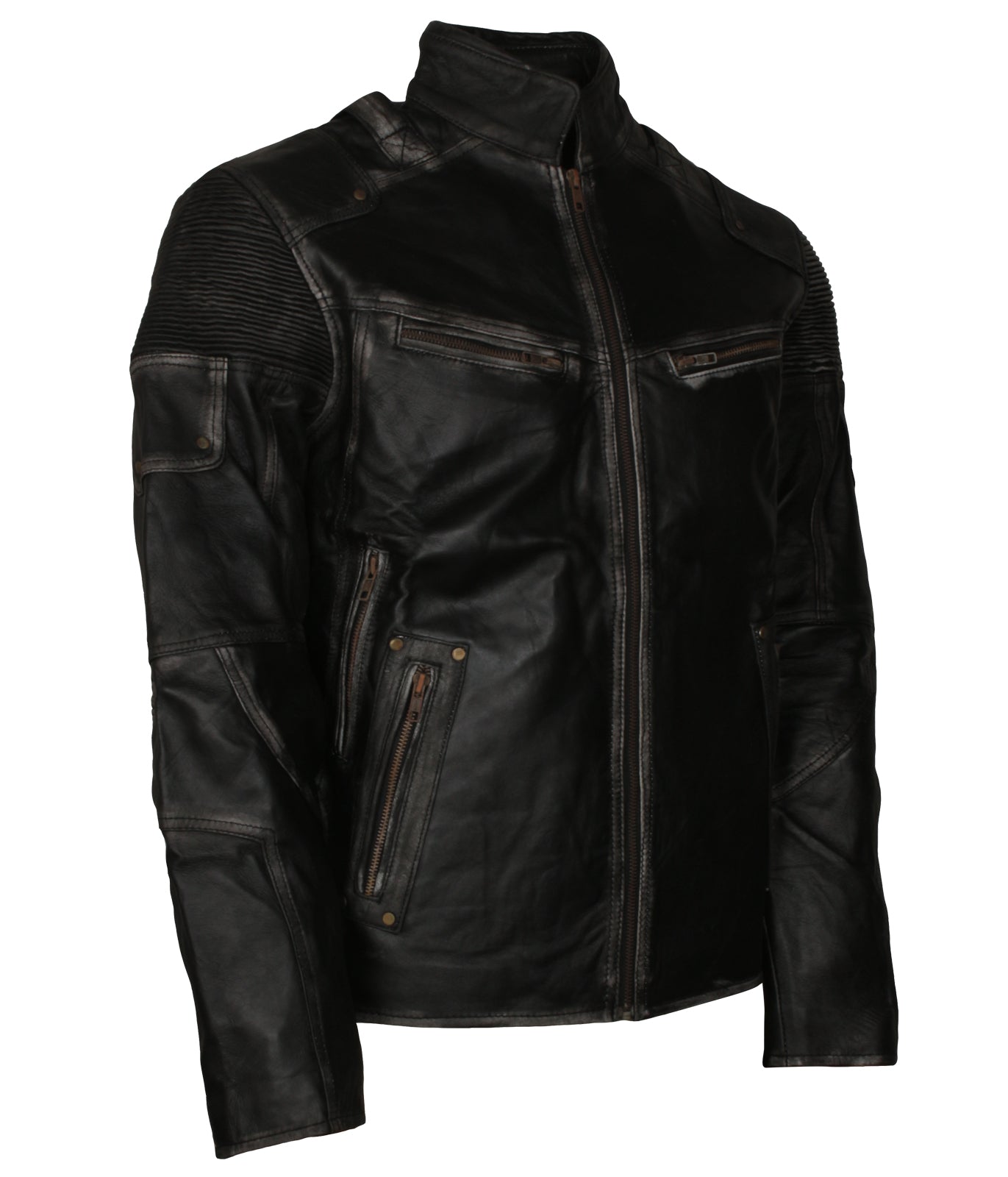 Distressed Biker Mens Black Motorcycle Vintage Cafe Racer Leather Jacket - Herren Schwarz Lederjacke
