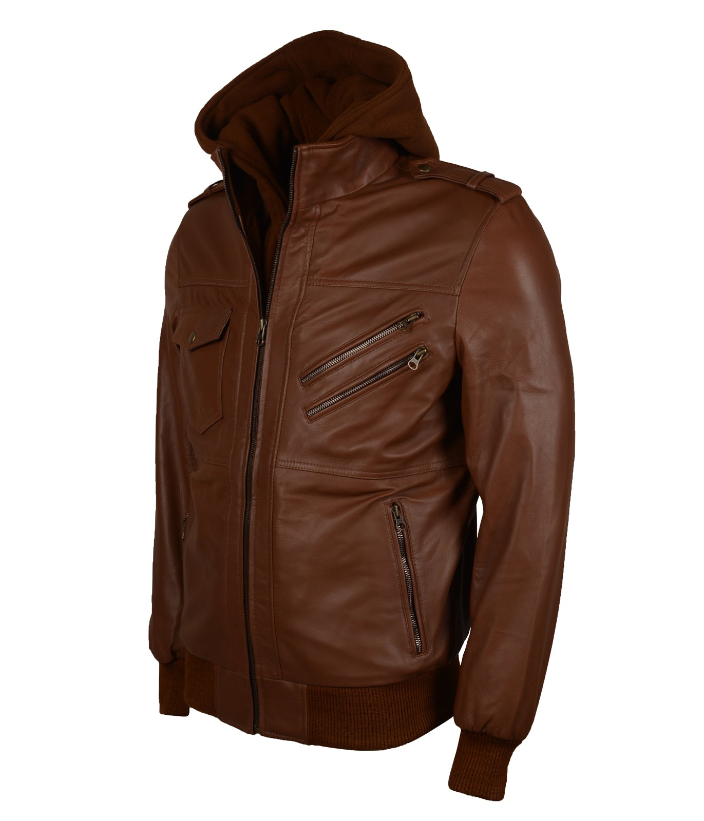 Hooded Brown Mens Biker Leather Smoking Jacket