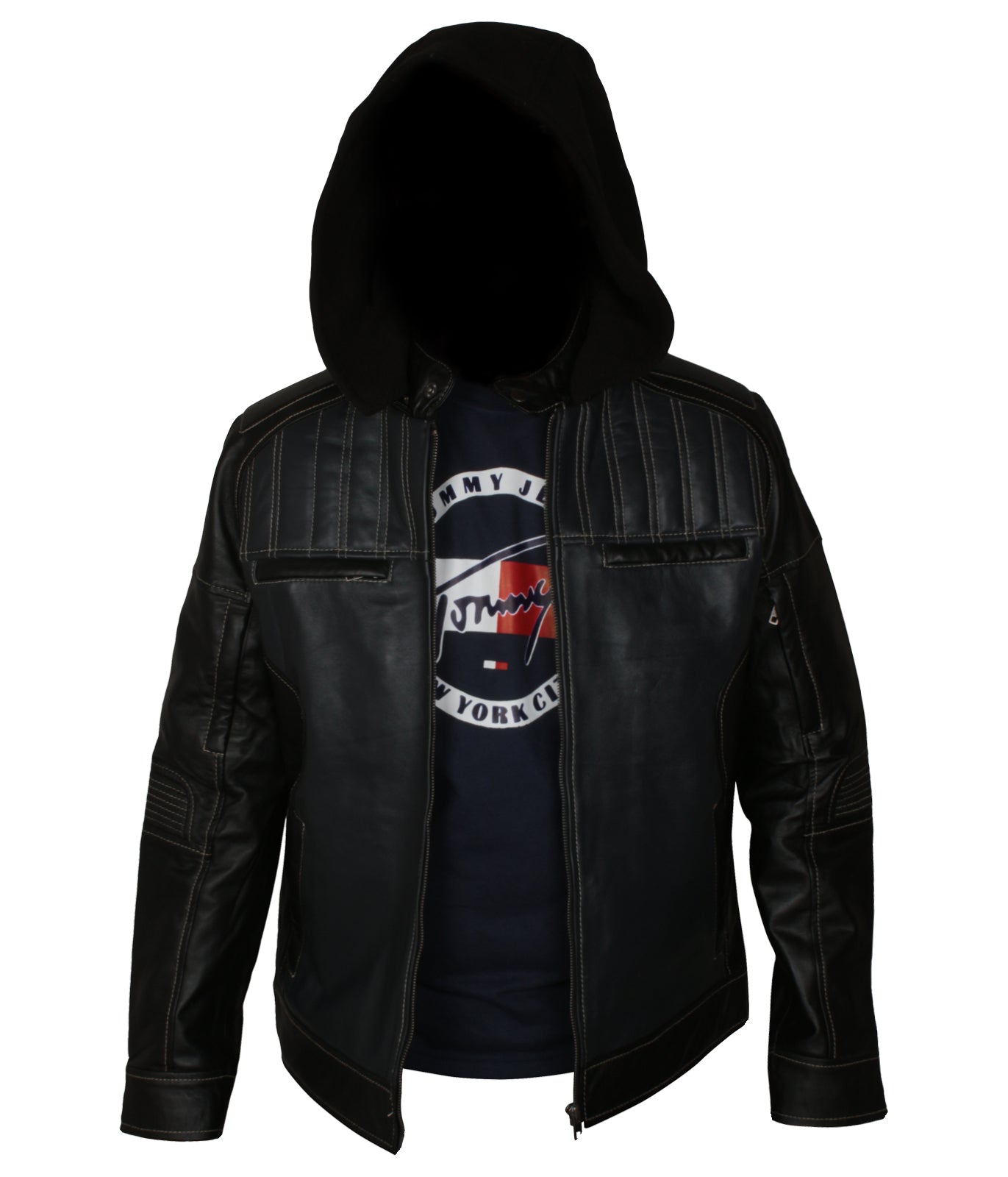 Hooded Black Distressted Mens Biker Leather Flight Jacket