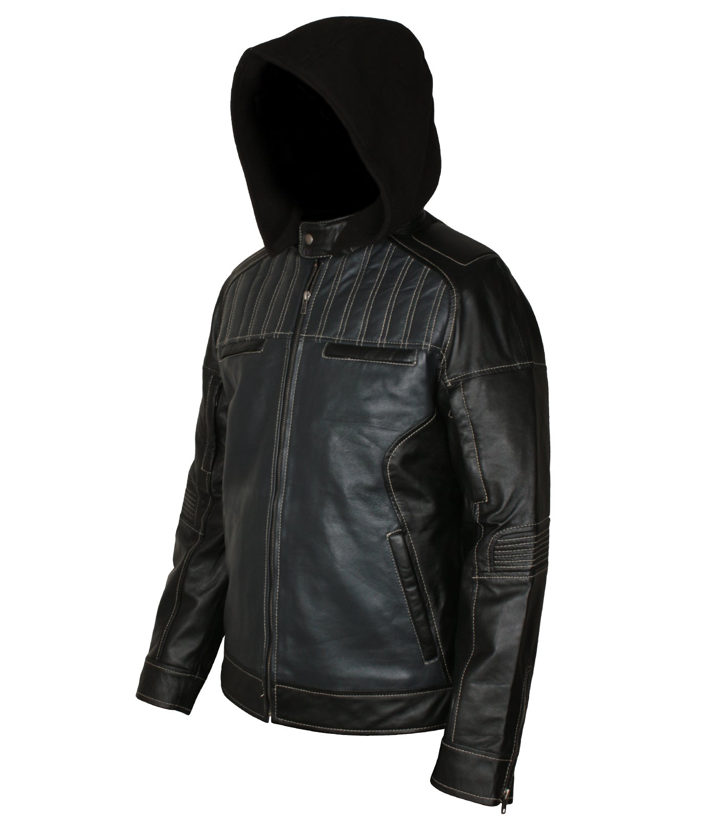 Hooded Black Distressted Mens Biker Leather Flight Jacket