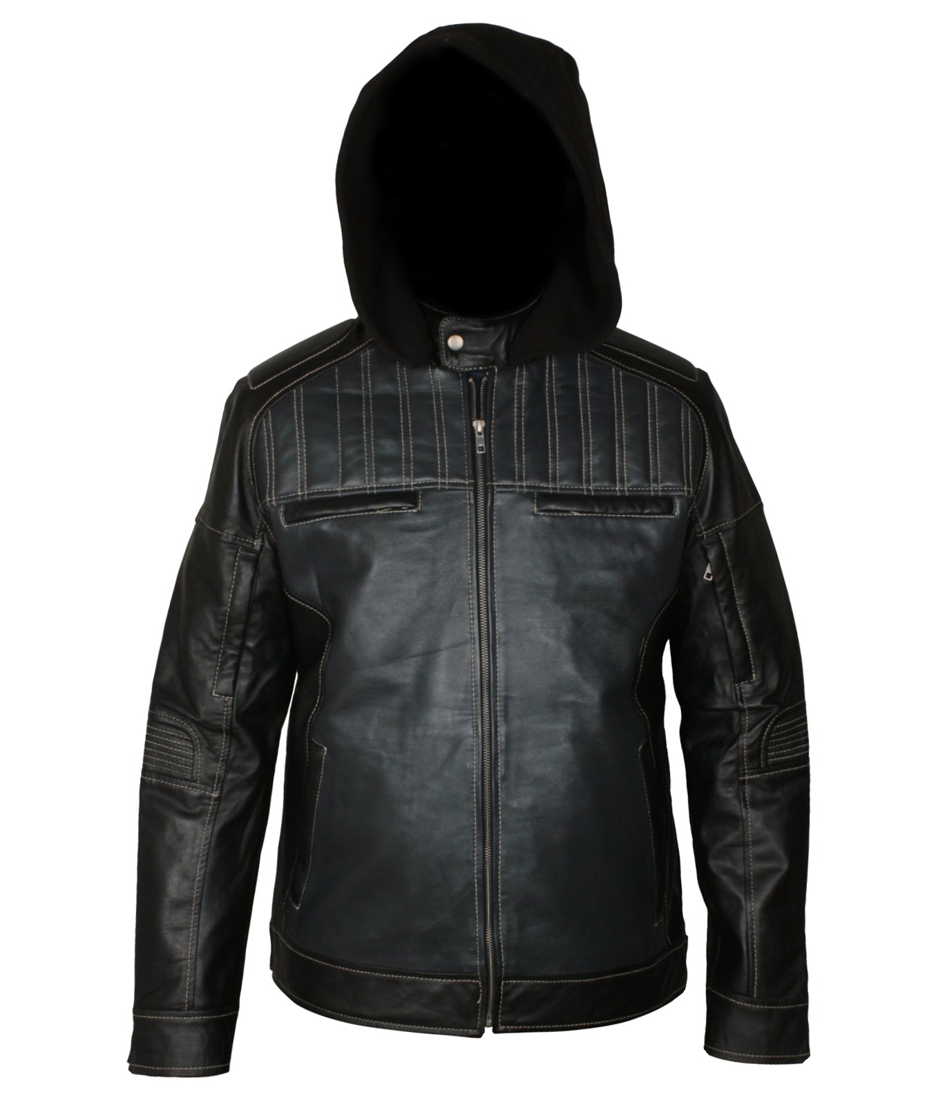 Hooded Black Distressted Mens Biker Leather Flight Jacket