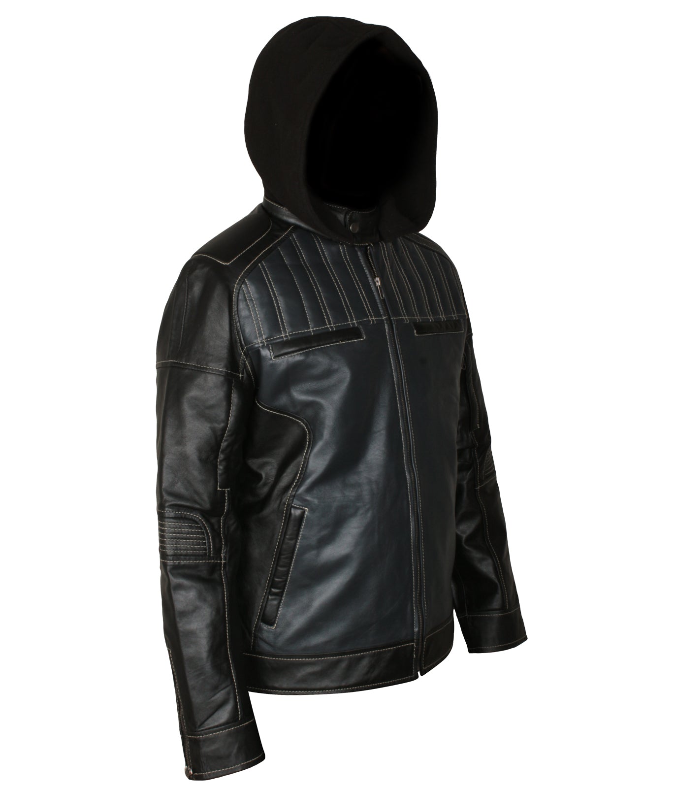 Hooded Black Distressted Mens Biker Leather Flight Jacket