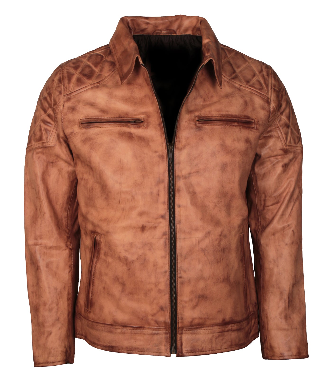 Mens Brown Waxed Distressed Biker Designer Leather Moto Jacket