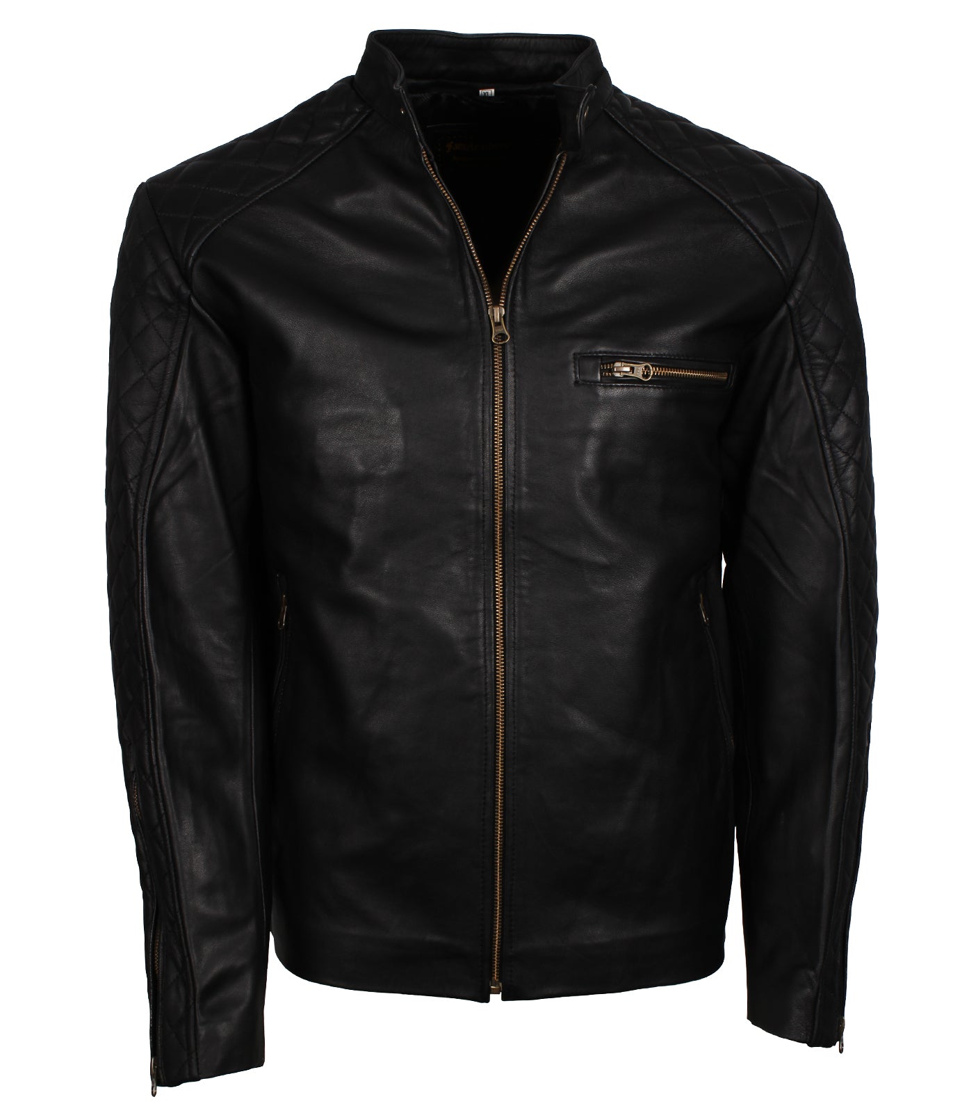 Mens Quilted Sleeves Black Genuine Biker Moto Leather Jacket