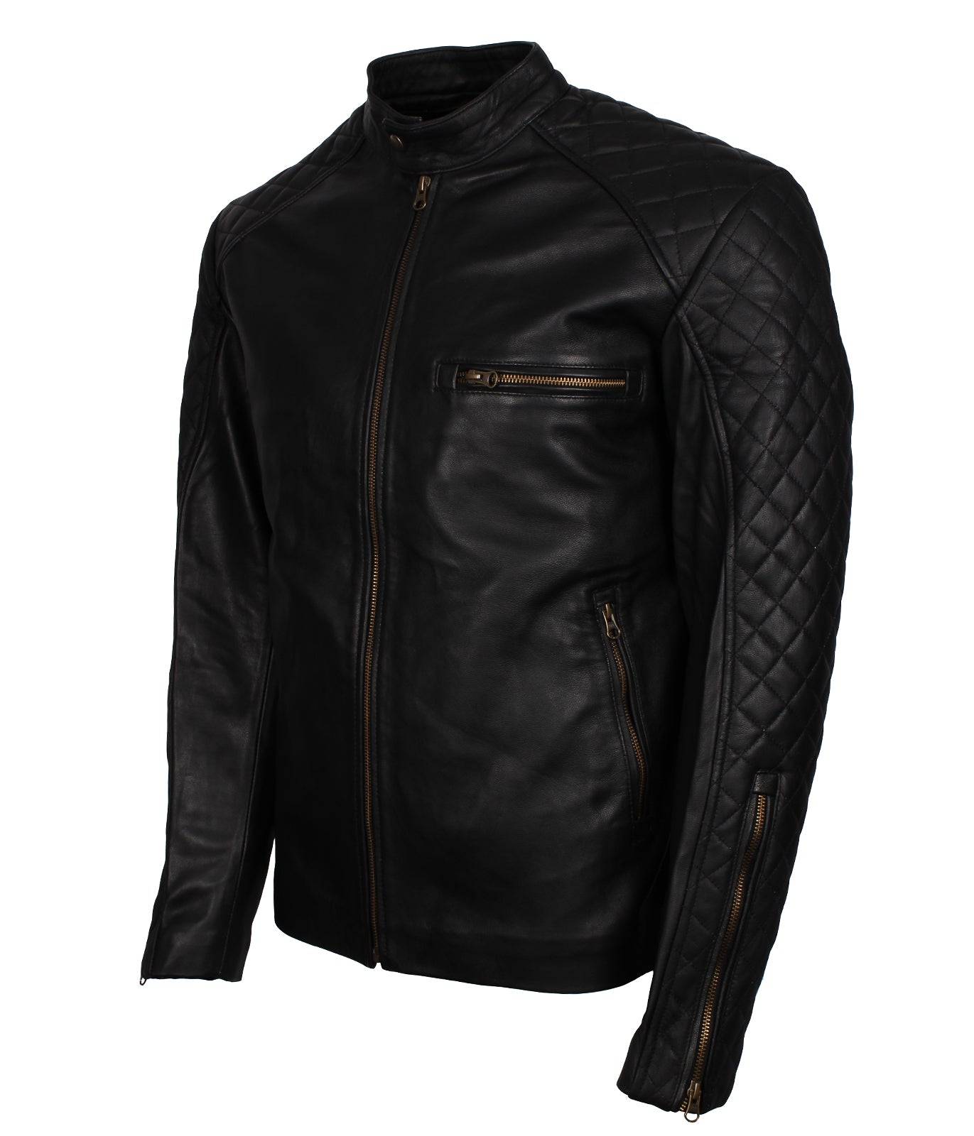Mens Quilted Sleeves Black Genuine Biker Moto Leather Jacket