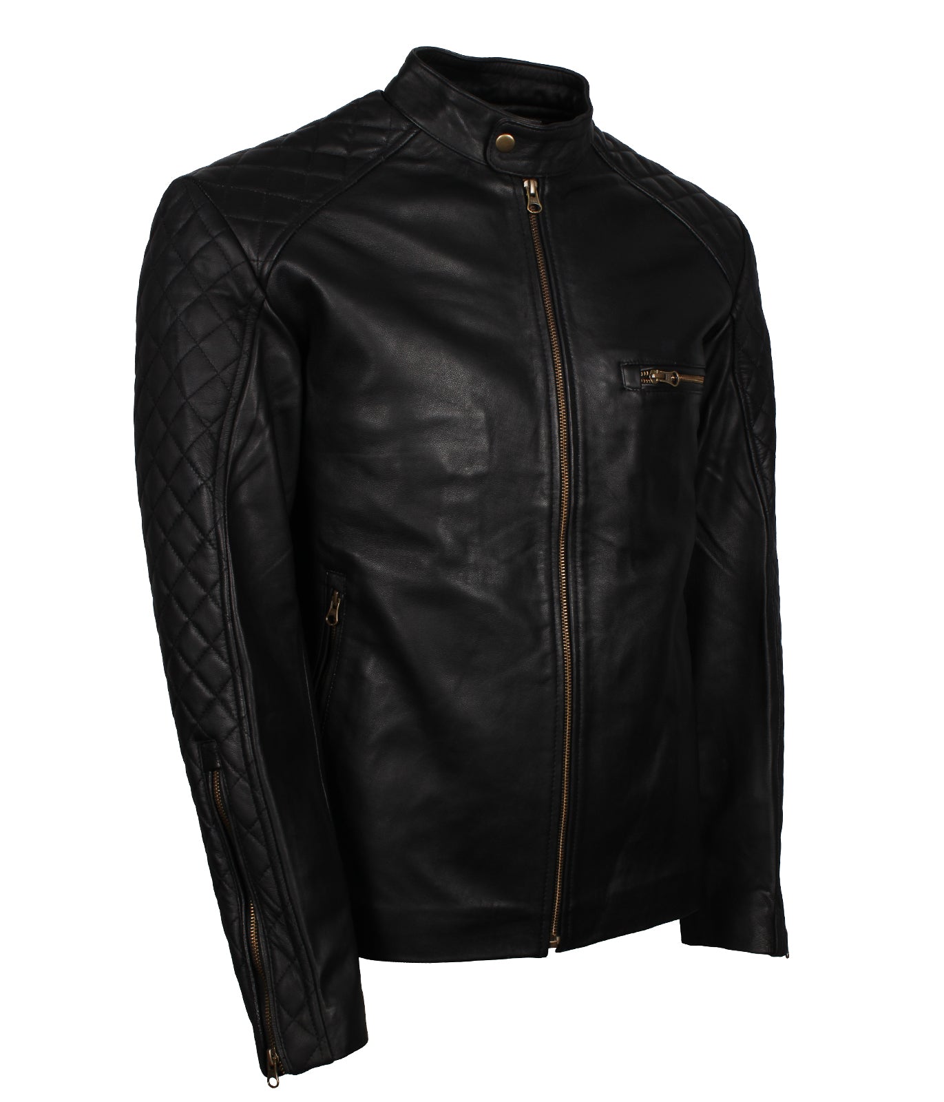 Mens Quilted Sleeves Black Genuine Biker Moto Leather Jacket
