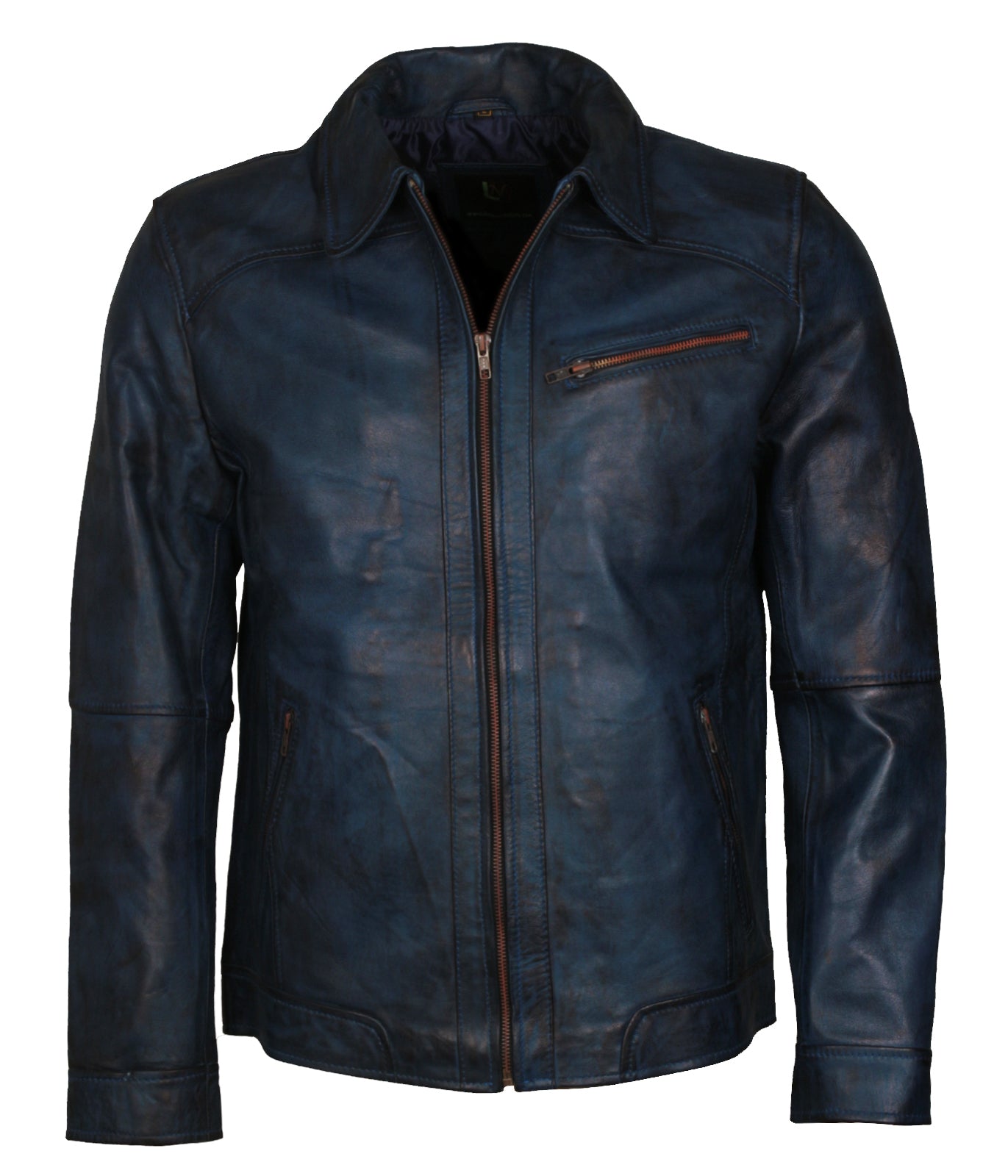 Quilted Blue Cafe Racer Mens Motorcyle Leather Jacket