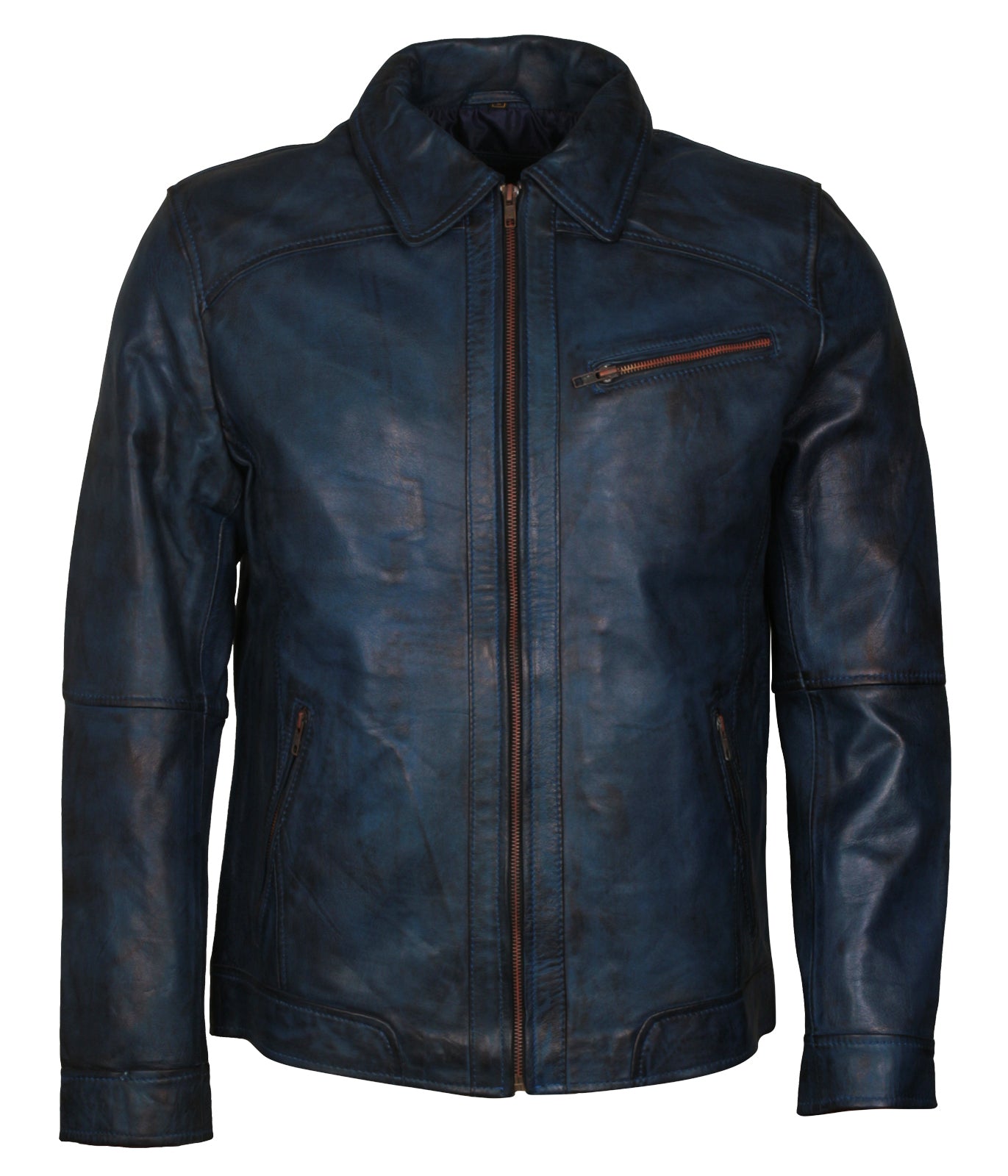 Quilted Blue Cafe Racer Mens Motorcyle Leather Jacket