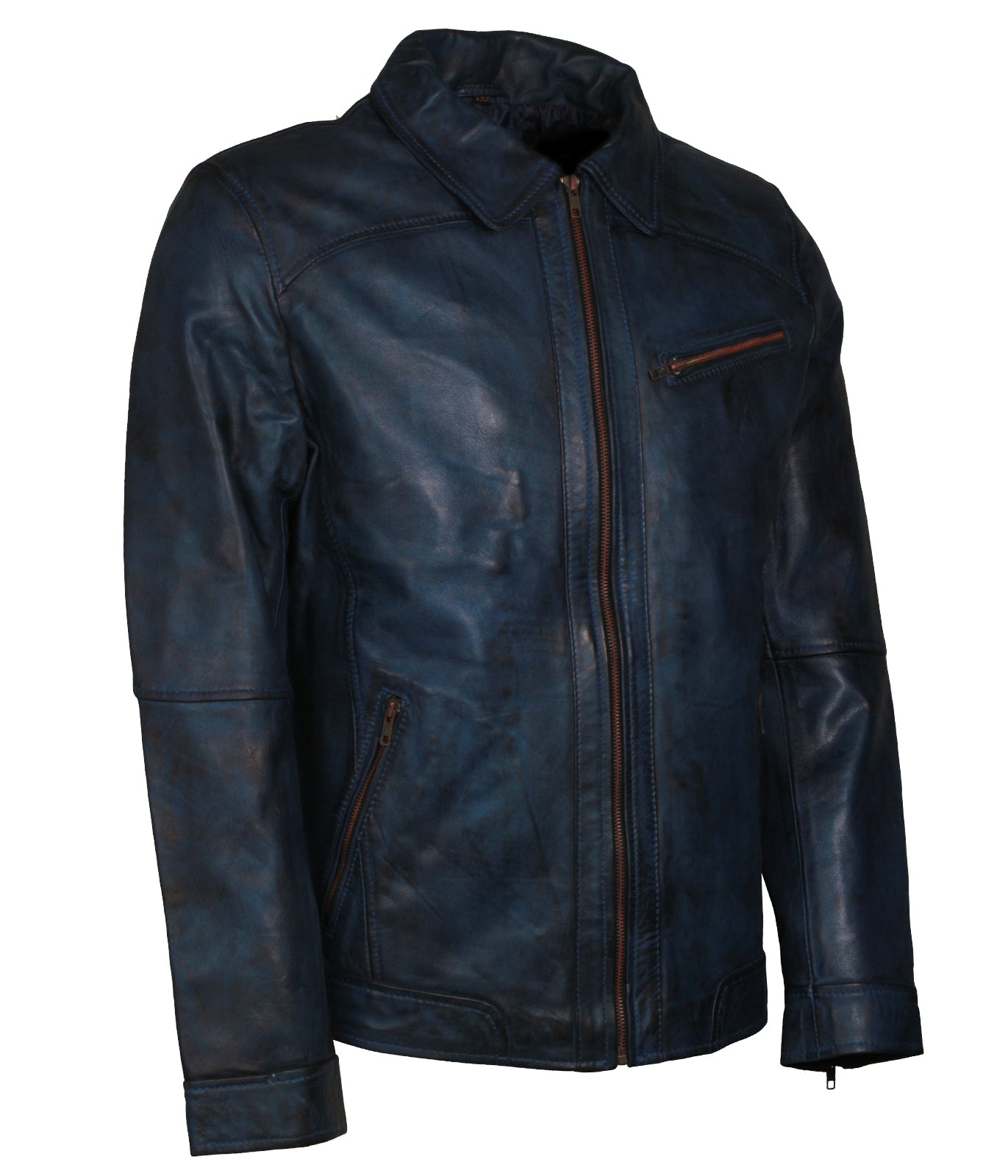 Quilted Blue Cafe Racer Mens Motorcyle Leather Jacket