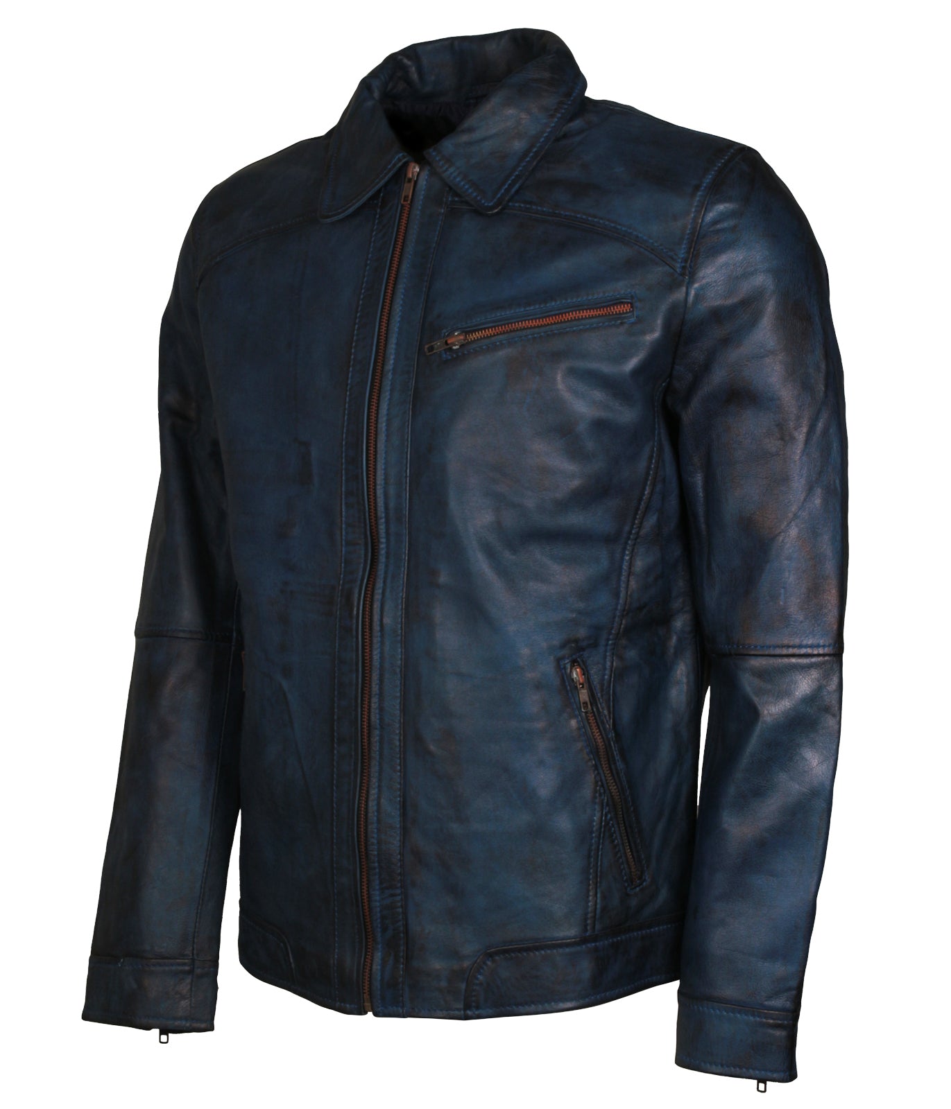Quilted Blue Cafe Racer Mens Motorcyle Leather Jacket