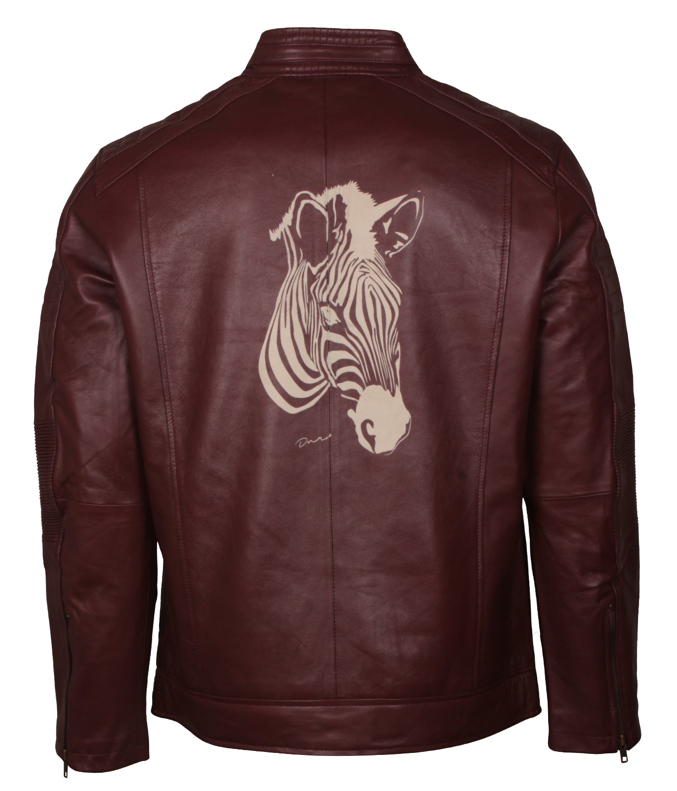 Zebra Mens Maroon Biker Motorcycle Leather Jacket