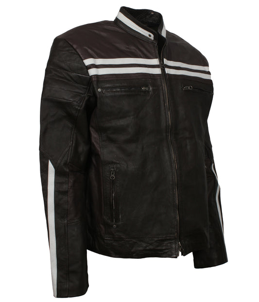 Motorbiker White Stripes Leather Jacket