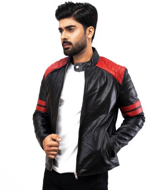 Biker Red Stripes Moto Black Leather Jacket