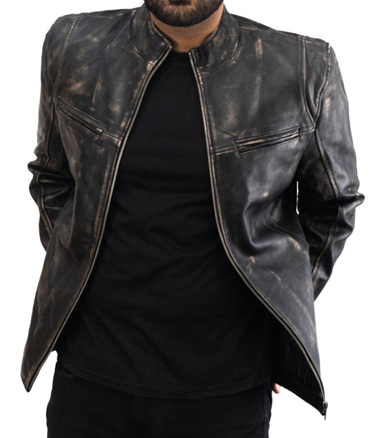 Black Motorcycle Distressed Biker Leather Jacket