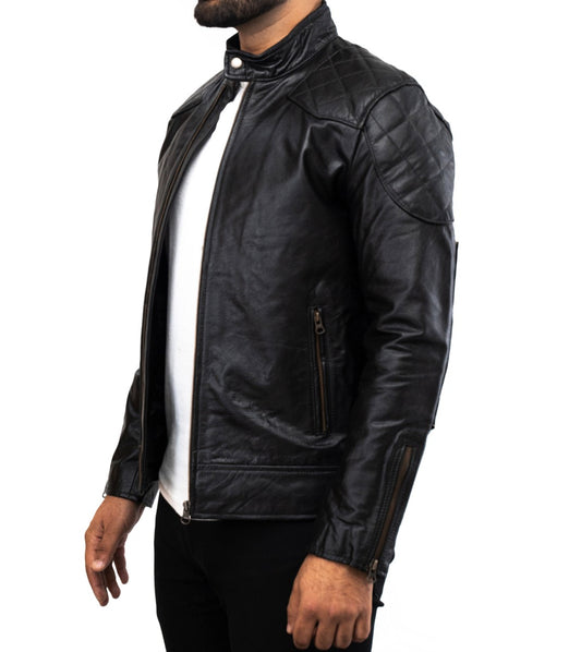 Mens Biker Genuine Italian Black Leather Jacket - Schwarz Biker Lederjacke