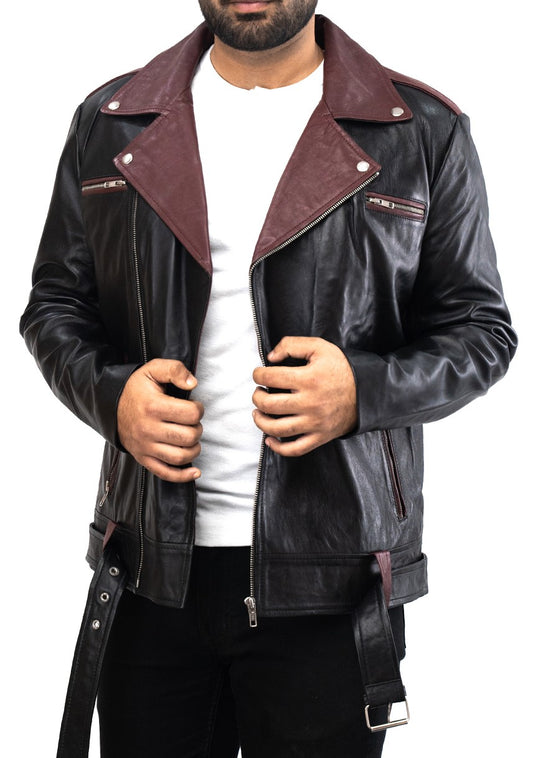 Brown Collar Black Brando Leather Jacket - Mens Black Biker Top-G leather Jacket