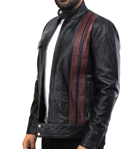 Brown Stripes Black Motorcycle Leather Jacket - Black Moto GP Biker Jacket - Herren Rennjacke