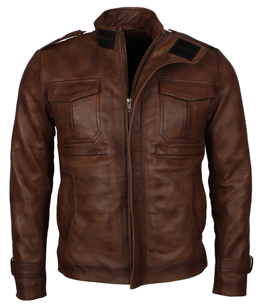 Brown Waxed Vintage Leather Jacket - Men's Airmen Aviator Bomber Jacket