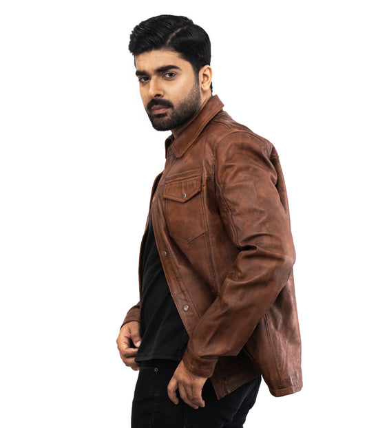 Brown Biker Brisbane Leather Jacket - Brown Distressed Leather Designer Jacket