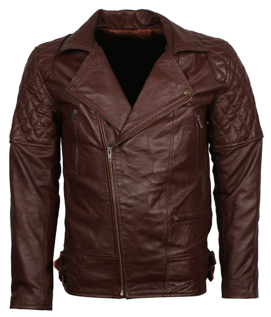 Brown Men's Brando Biker Leather Jacket - Herren Braun Biker Moto Lederjacke