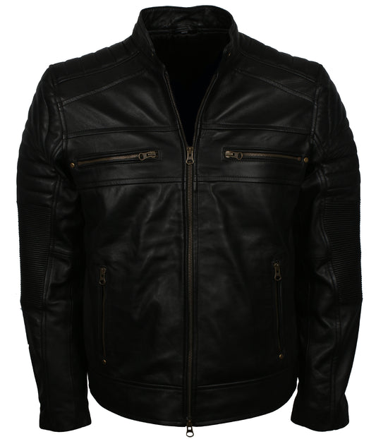 Cafe Racer Men's Black Leather Jacket - Schwarz Aviator Lederjacke