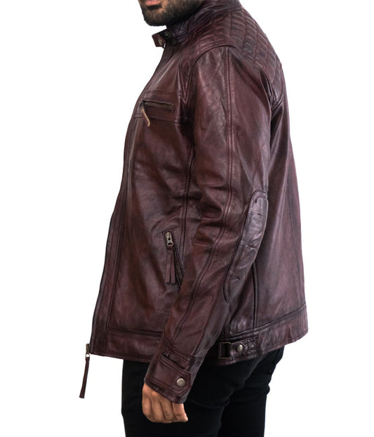 Cafe Racer Vintage Oadby Red Wine Leather Jacket - Herren Rotwein Rennjacke - giacca di pelle firmata