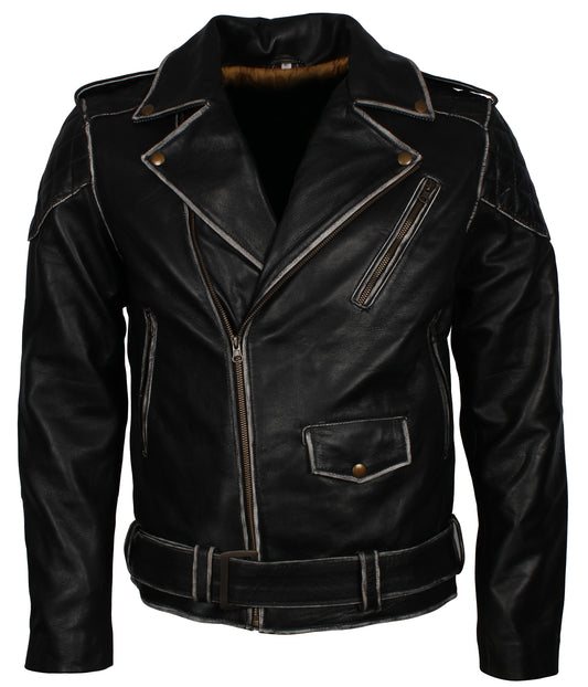 Distress Quilted Black Mens Leather Jacket - Schwarz Herren Rennjacke