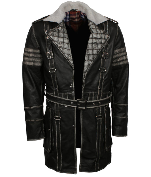 Fallout Inspired Long Battle Coat Men's Distressed Grey Leather Coat