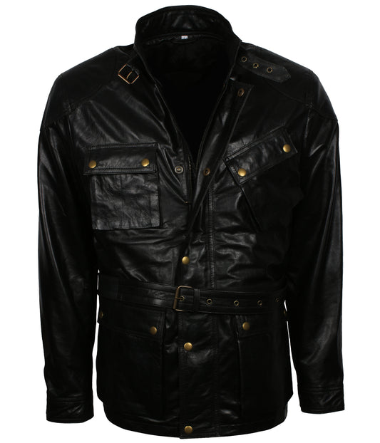 Fashion Men's Black Four Pocket Leather Jacket - Mens Black Leather Trench Coat