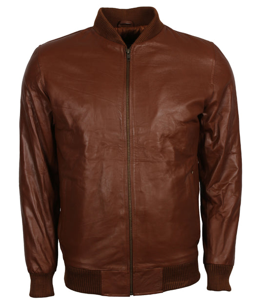 Fashion Men's Ribbed Brown Leather Jacket