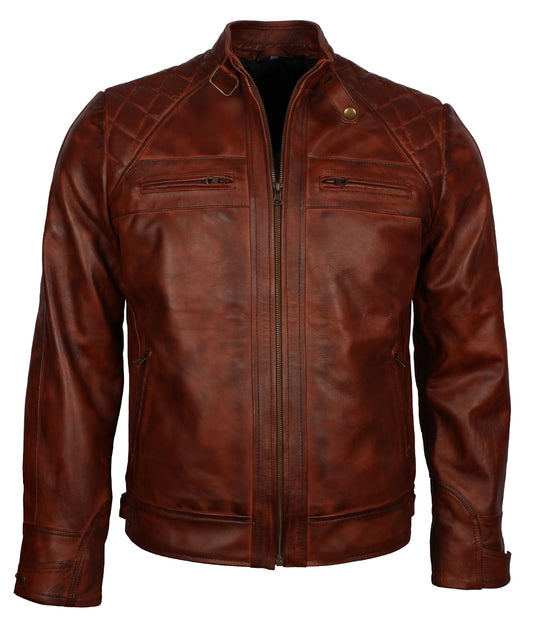 Men's Biker Brown Vintage Leather Jacket - Herren Braun Biker Moto Rennjacke