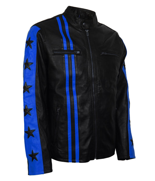 Blue Stars Stripes Motorcycle Leather Jacket - Designer Racing Moto Lederjacke