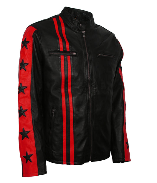 Red Stars Stripes Motorcycle Leather Jacket