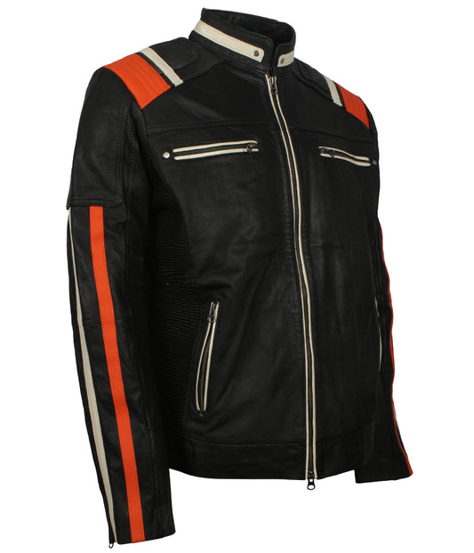 Black Retro Red Stripe Leather Jacket - Designer Retro Biker Racing Moto GP Leather Jacket