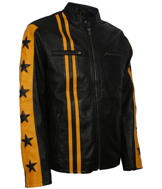 Yellow Stars Stripes Motorcycle Leather Jacket