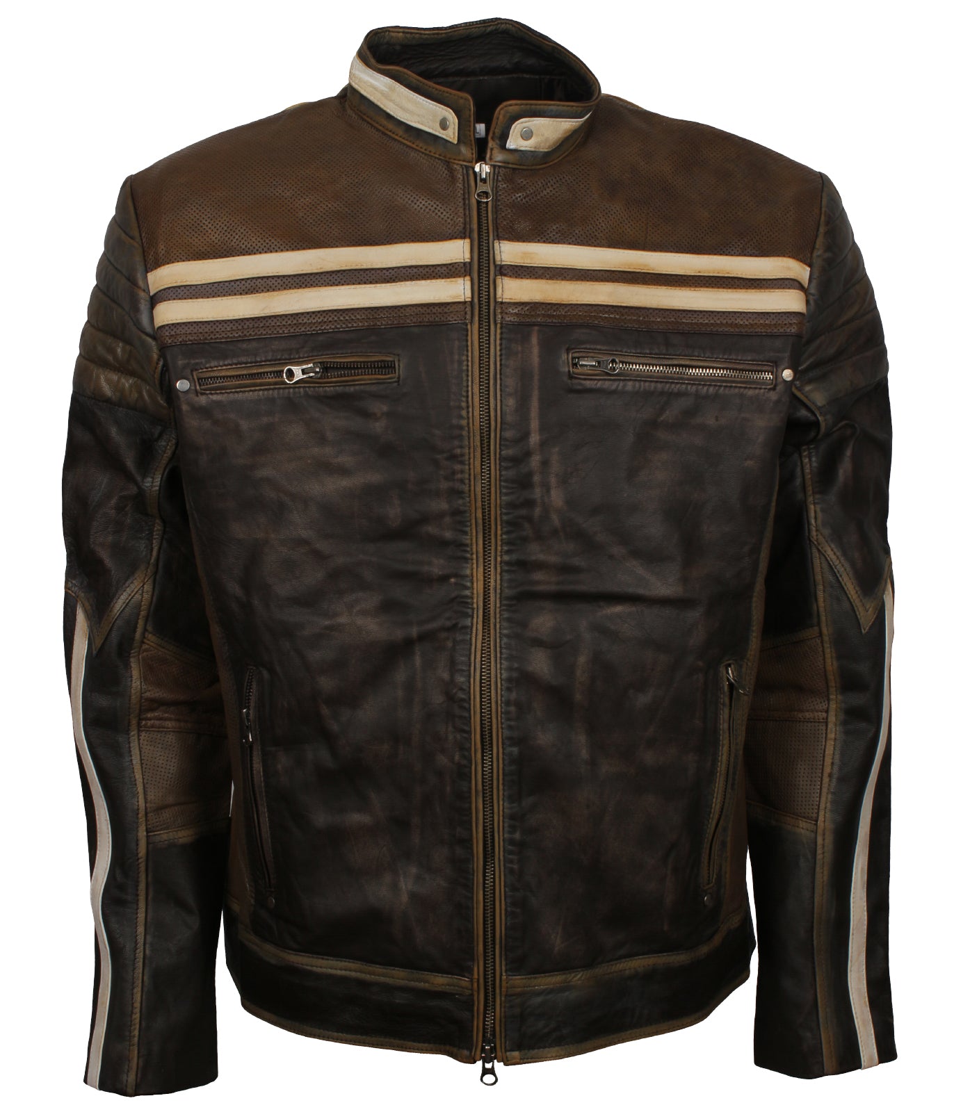 Men's Brown Vintage Distressed Biker Leather Jacket - Schwarz Herren Rennjacke
