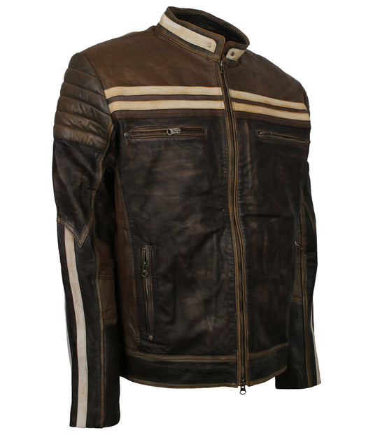 Men's Brown Vintage Distressed Biker Leather Jacket - Schwarz Herren Rennjacke