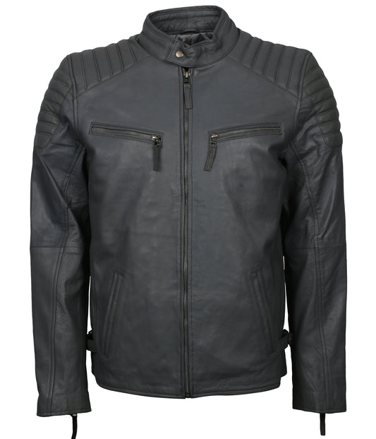 Men's Designer Grey Biker Leather Jacket - Herren Casual Designer Party Lederjacke