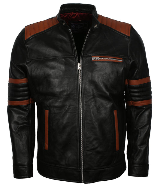 Motorcycle Quilted Brown Stripes Black Leather Jacket