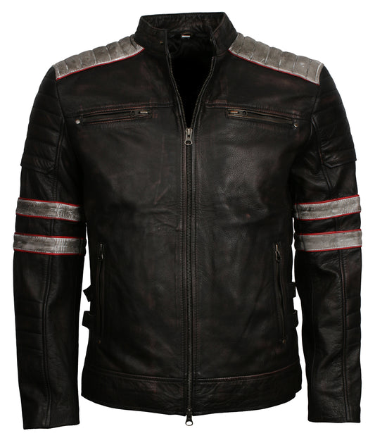 White and Red Stripe Waxed Black Leather Jacket